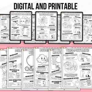 Pu&ograve; includere: Grafici educativi digitali e stampabili visualizzati su tablet. Ogni grafico presenta informazioni mediche, inclusi nomi di marchi, meccanismi d'azione ed effetti collaterali. I grafici sono in bianco e nero con testo e illustrazioni.