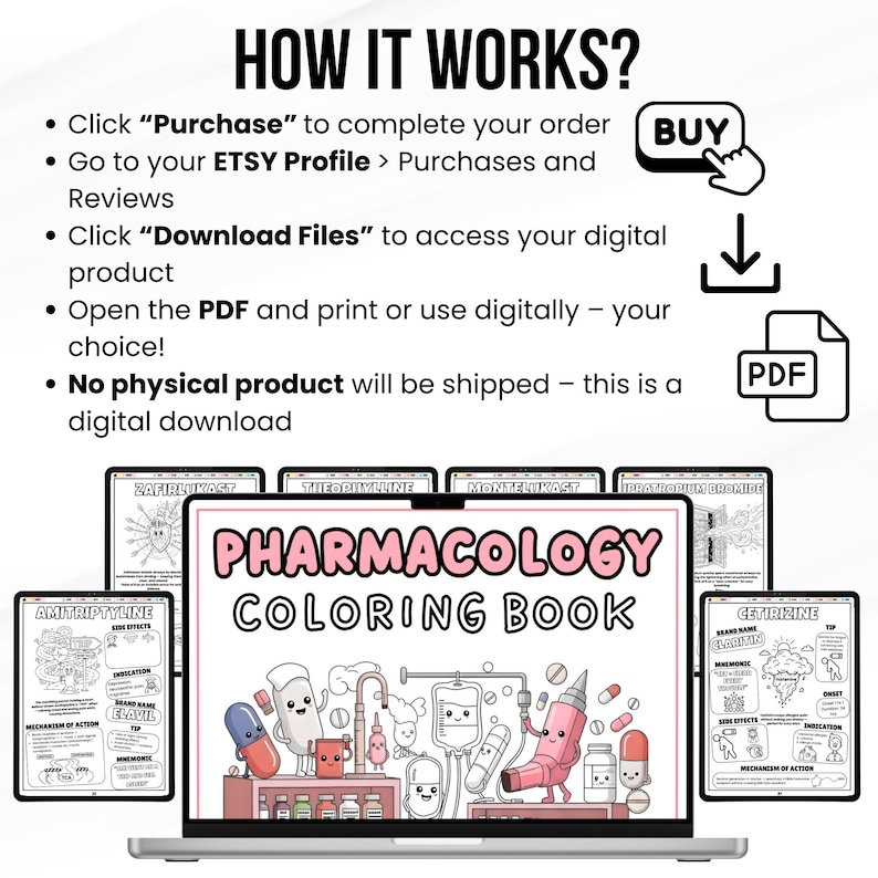 Pu&ograve; includere: Un laptop mostra un "Pharmacology Coloring Book" con illustrazioni di cartoni animati di pillole e attrezzature mediche. L'immagine include le istruzioni: "How it Works?" e "Download Files". Si tratta di un download digitale.