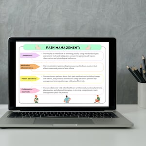 May include: A laptop screen displaying a light blue and green presentation slide with the title "Pain Management". The slide outlines the role of nurses in pain management, including assessment, medication administration, patient education, and collaborative approaches.