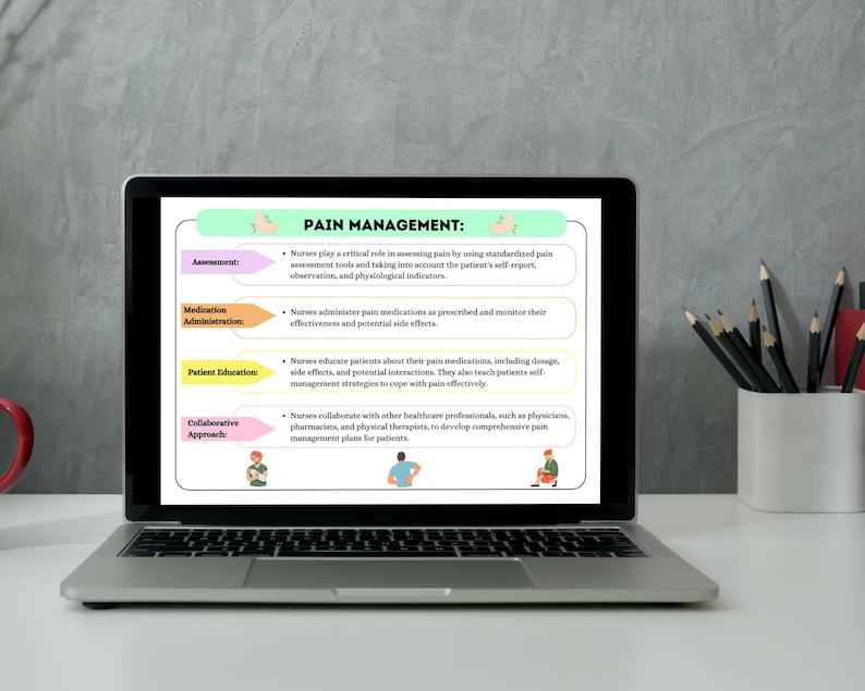 May include: A laptop screen displaying a light blue and green presentation slide with the title "Pain Management". The slide outlines the role of nurses in pain management, including assessment, medication administration, patient education, and collaborative approaches.