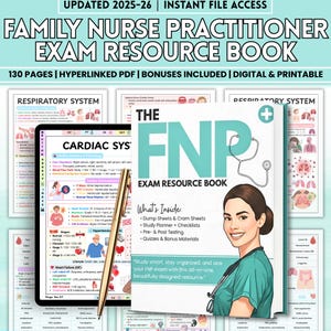 May include: A digital and printable Family Nurse Practitioner Exam Resource Book. The cover features a woman with a stethoscope, the text "THE FNP EXAM RESOURCE BOOK", and "What's Inside". Includes 130 pages, hyperlinks, and bonuses.