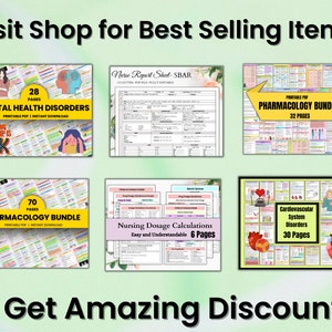 May include: A collage of six printable PDF documents for nurses. The documents include a nurse report sheet, a pharmacology bundle, a mental health disorders guide, a cardiovascular system disorders guide, a nursing dosage calculations guide, and another pharmacology bundle. The documents are colorful and feature illustrations.