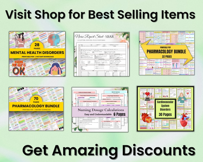 May include: A collage of six printable PDF documents for nurses. The documents include a nurse report sheet, a pharmacology bundle, a mental health disorders guide, a cardiovascular system disorders guide, a nursing dosage calculations guide, and another pharmacology bundle. The documents are colorful and feature illustrations.