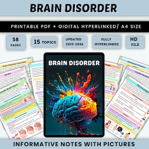May include: A digital tablet displaying a colorful image of a brain with the text "BRAIN DISORDER" on the screen. The tablet is surrounded by printed pages with information about different brain disorders, including Alzheimer's disease, cluster headaches, and fibromyalgia. The text "INFORMATIVE NOTES WITH PICTURES" is at the bottom of the image.