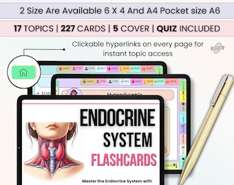 May include: A digital tablet displaying flashcards for the endocrine system. The flashcards are designed for nursing students and feature an illustration of the thyroid gland. The text on the screen reads "Endocrine System Flashcards" and "Master the Endocrine System with JDMA Nursing School Flashcards!"