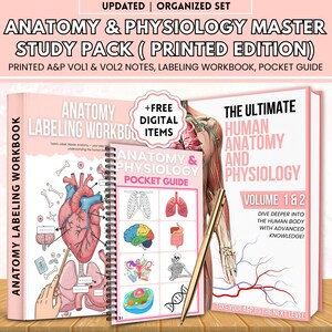 May include: Anatomy and Physiology Master Study Pack (Printed Edition) includes a labeling workbook, pocket guide, and notes. The books are pink and white with text and illustrations of the human body. A gold pen rests on the books.