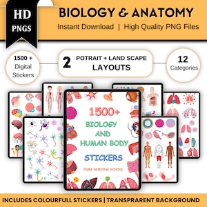 May include: A digital sticker set featuring 1500+ colorful illustrations of biology and human body parts. The set includes 12 categories and 2 layouts: portrait and landscape. The text "1500+ Biology and Human Body Stickers" is displayed on a tablet screen.