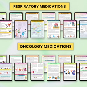 May include: A digital illustration of a set of flashcards with the title "Respiratory Medications" and "Oncology Medications". The flashcards are organized into categories such as "Who needs to have mechanical ventilation", "Types of mechanical ventilation", "Psychiatric Medications A to Z", "Pregnancy of Medications", "Types of Analgesics", and "ADME Medications".