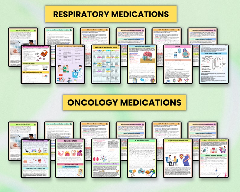 May include: A digital illustration of a set of flashcards with the title "Respiratory Medications" and "Oncology Medications". The flashcards are organized into categories such as "Who needs to have mechanical ventilation", "Types of mechanical ventilation", "Psychiatric Medications A to Z", "Pregnancy of Medications", "Types of Analgesics", and "ADME Medications".