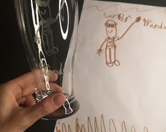 Hand Etched Personalised Kids Drawing On A Glass