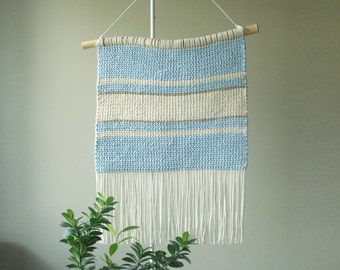 Macrame wall hanging, Wabi Sabi macrame, Japandi wall art, Natural white and sky blue, Double-sided macrame, Makramee Wandbehang, Wanddeko