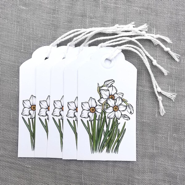 Narcissi gift tag set of 5, handmade floral tags