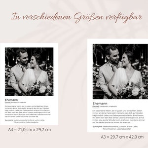 May include: Black and white print featuring a couple, with the word "Ehemann" and a definition in German. The print is available in two sizes: A4 (8.3 x 11.7 inches) and A3 (11.7 x 16.5 inches).