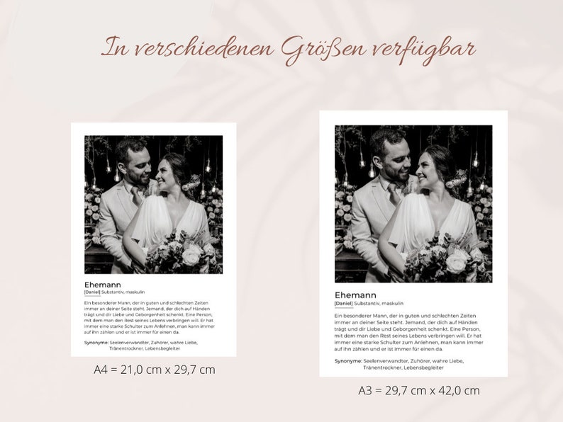 May include: Black and white print featuring a couple, with the word "Ehemann" and a definition in German. The print is available in two sizes: A4 (8.3 x 11.7 inches) and A3 (11.7 x 16.5 inches).