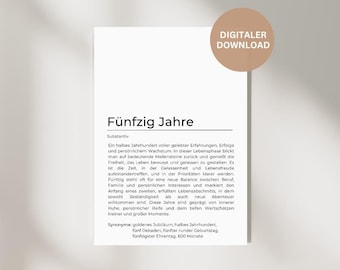 Geschenk 50 Geburtstag Definition Poster Fünfzig Jahre Geschenkideen 50. Geburtstag Download Poster zum downloaden Geschenk Beste Freundin