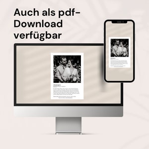 May include: A computer monitor and a smartphone display a black and white photograph of a couple. The monitor displays the text "Auch als pdf-Download verf&uuml;gbar". The smartphone shows the same image with text below it.