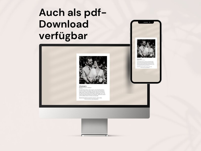 May include: A computer monitor and a smartphone display a black and white photograph of a couple. The monitor displays the text "Auch als pdf-Download verf&uuml;gbar". The smartphone shows the same image with text below it.