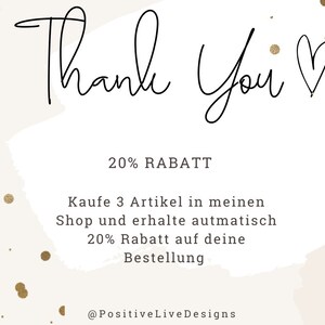 May include: A digital graphic with the words "Thank You" in a handwritten style, with a heart symbol. The text also includes "20% RABATT" and a promotional message in German, set against a beige and white background with gold accents.