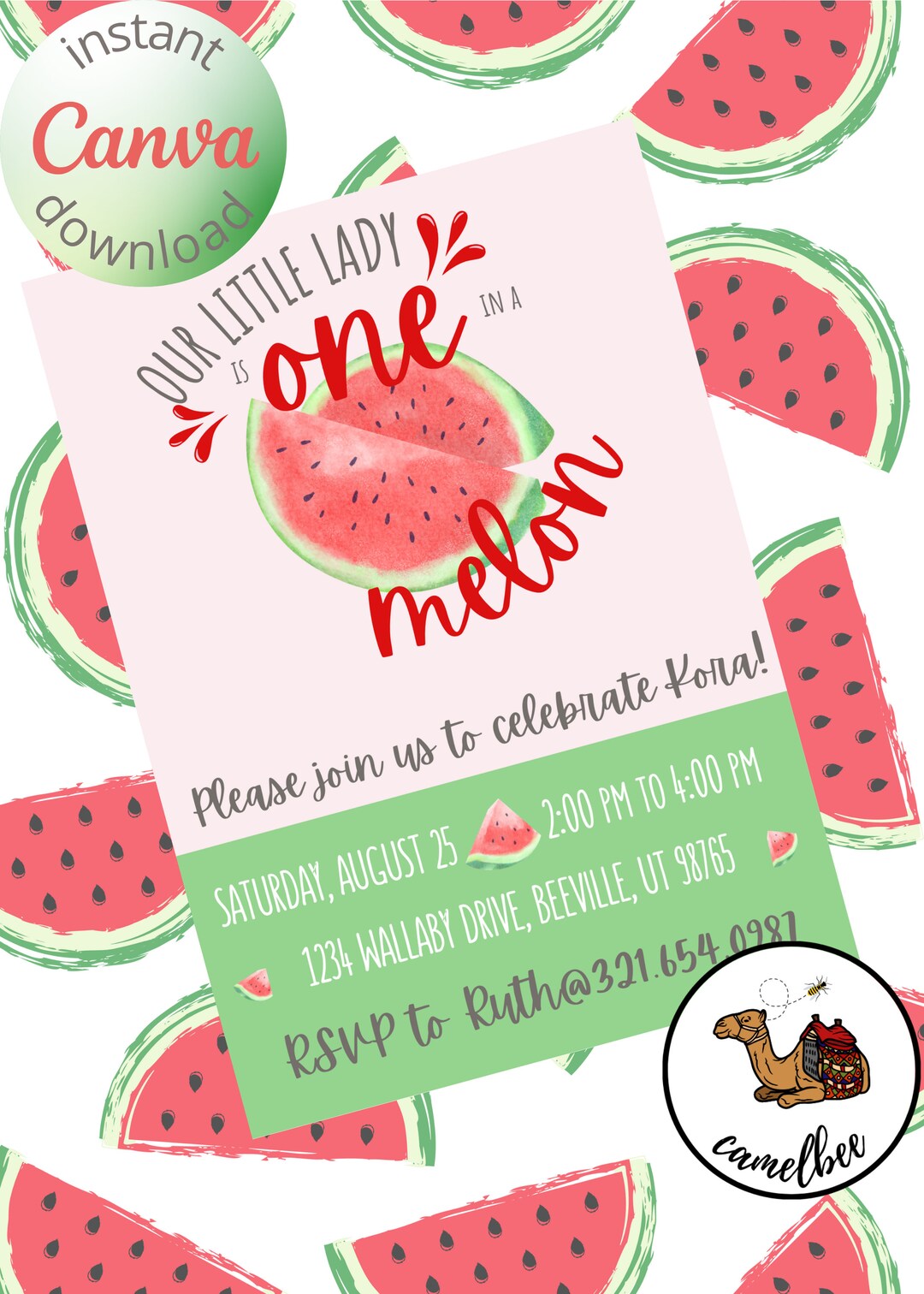 One in a Melon Birthday Invitation - Editable - Digital - Instant