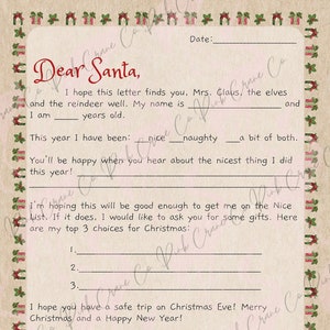 Carta imprimible a Papá Noel, Carta de los niños a Papá Noel, Kit de cartas de Papá Noel, Carta de Navidad para niños, Papá Noel llena la carta en blanco