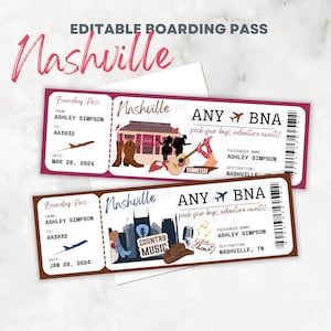 Editable and Printable Boarding Pass Nashville Surprise Trip Tennessee Destination Ticket - Canva Template