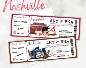 Editable and Printable Boarding Pass Nashville Surprise Trip Tennessee Destination Ticket - Canva Template