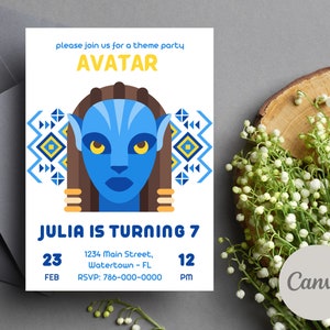 Plantilla de invitación de cumpleaños de película Avatar / Fiesta Avatar - Plantilla Canva imprimible editable
