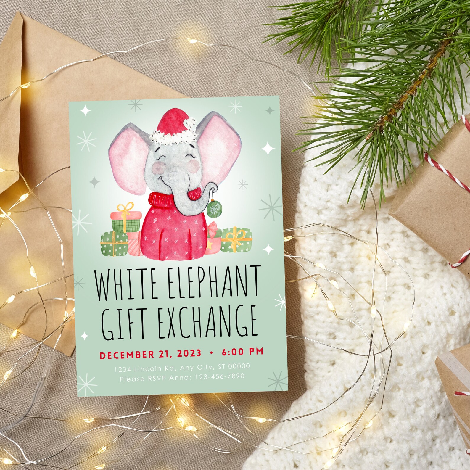 White Elephant Gift Exchange Christmas Party Invitation Secret Santa