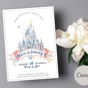 Princesa Castelo Aniversário Convite | convite de festas dos miúdos do reino mágico | Editável e imprimível no modelo Canva