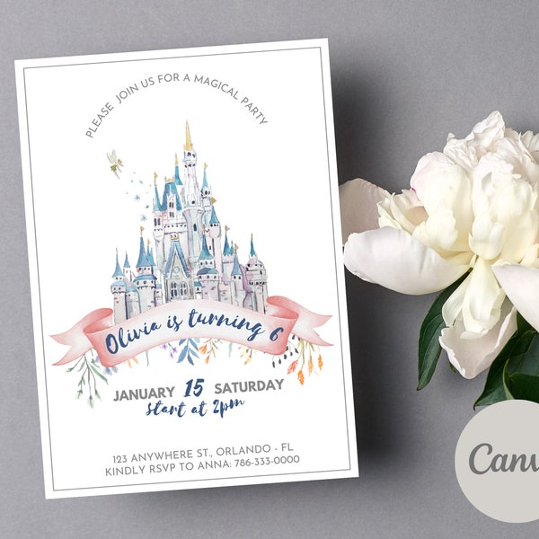Princess Castle Birthday Invitation | Magical Kingdom Kids Party Invitation | Editable and Printable in Canva Template