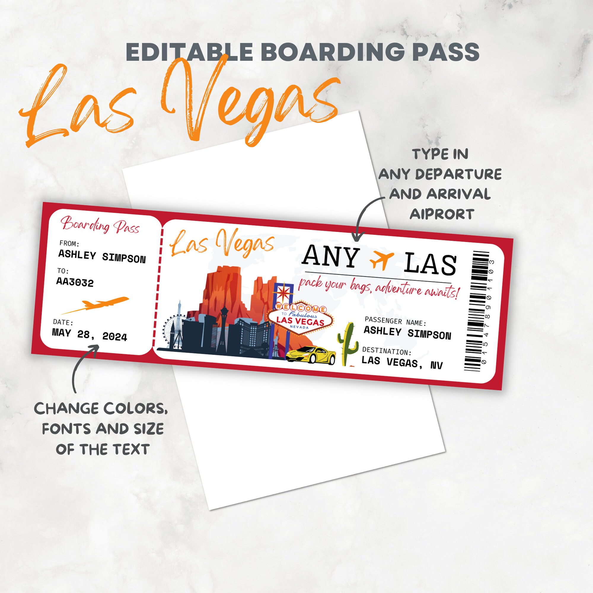 Editable and Printable Las Vegas Boarding Pass Nevada Surprise Trip ...