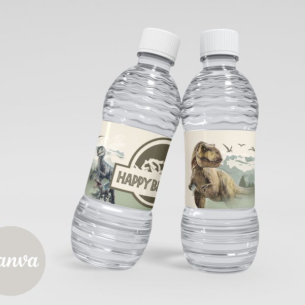 Jurassic World Water Bottle Label Dinosaur Theme Party Labels Dino Party Decor - Editable and Printable in Canva