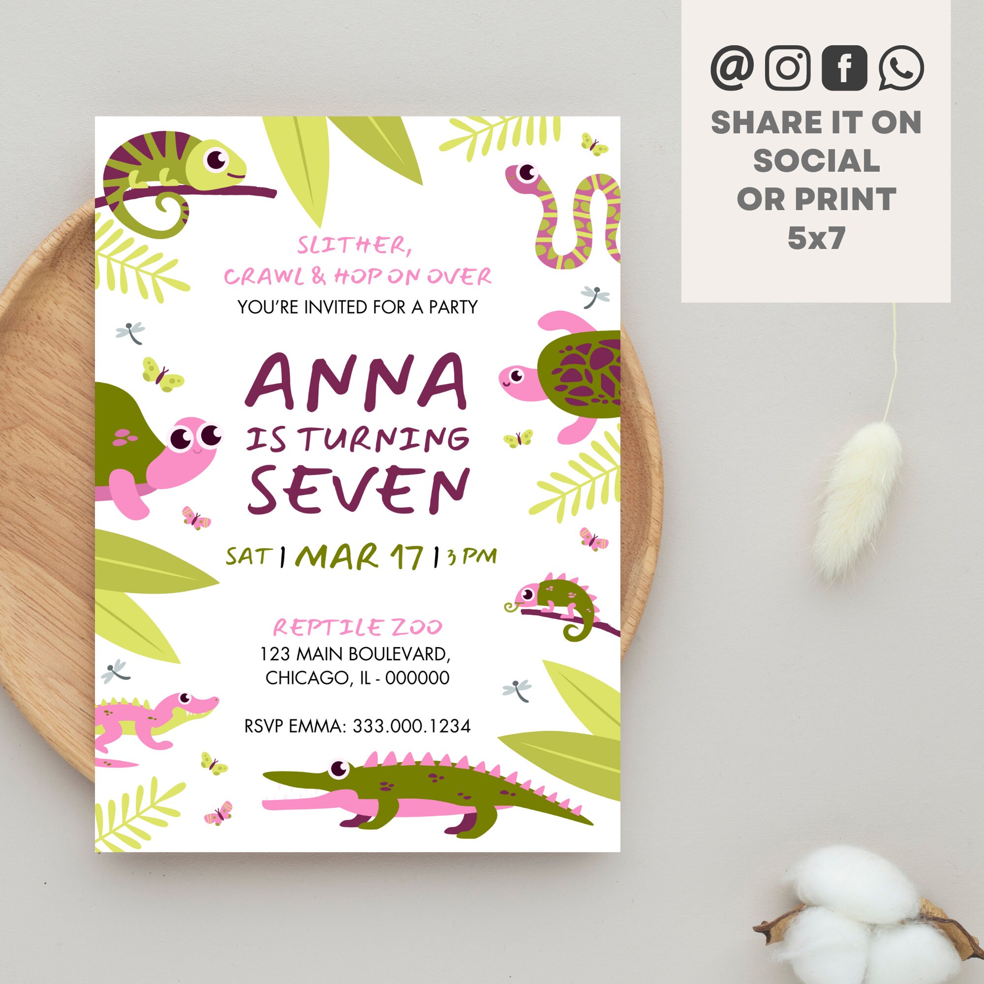 Reptile Birthday Invitation Template Turtle Lizard Snake Chameleon Kids ...