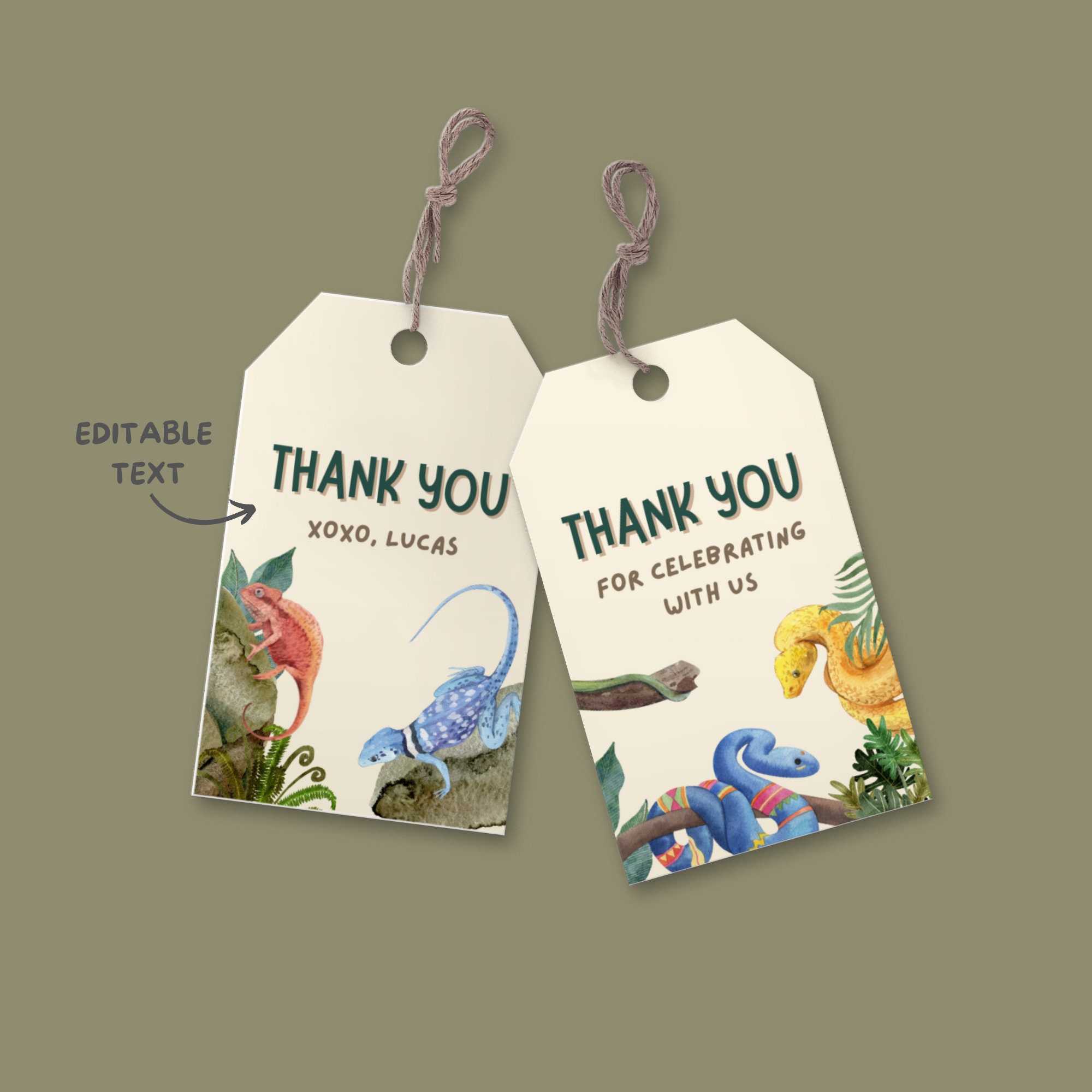 Lizard Thanks Reptile Thank You Tag: Lizard, Snake, Chameleon Party Favor (editable ...