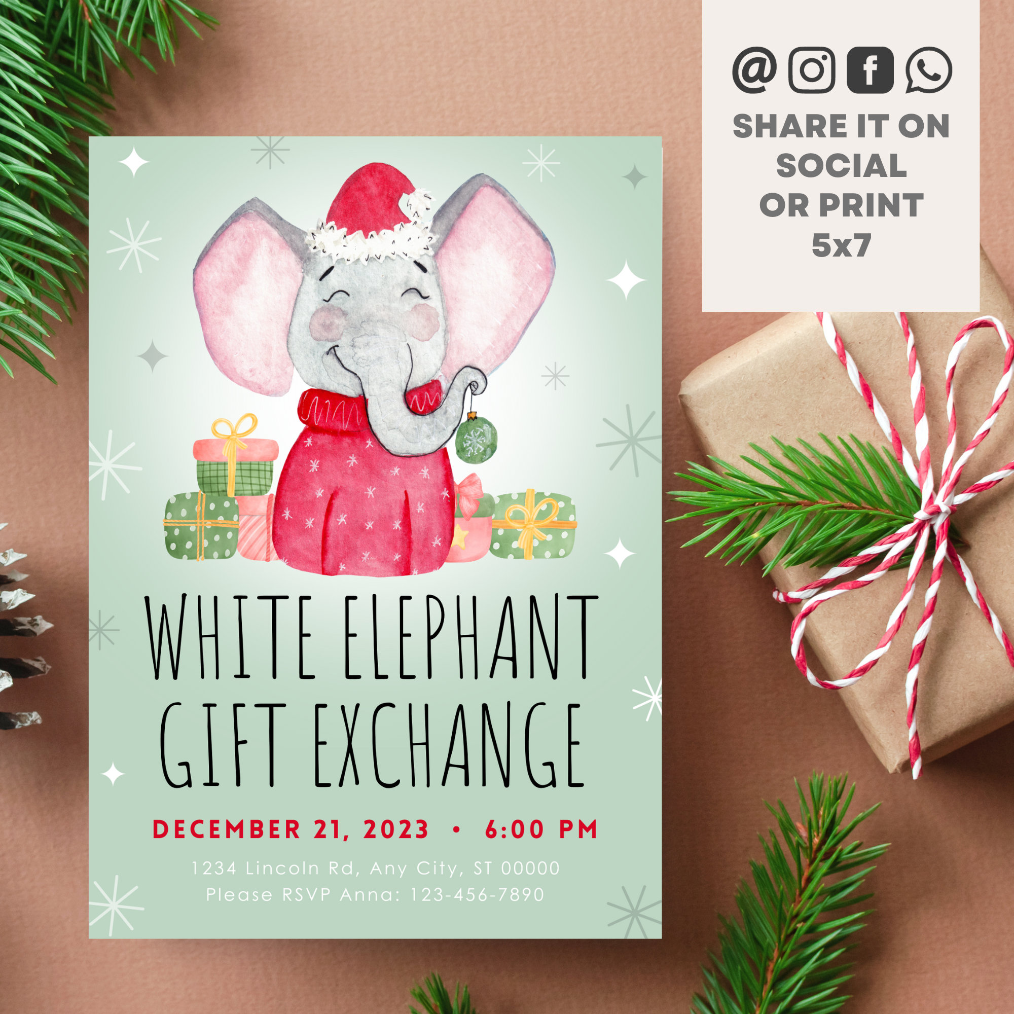 White Elephant Gift Exchange Christmas Party Invitation Secret Santa