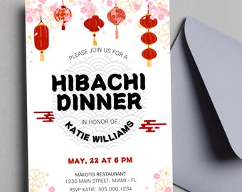Invitación a celebración de cena Hibachi Invitación a fiesta temática de restaurante japonés - Plantilla editable e imprimible de Canva