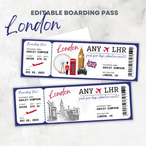 Bearbeitbare und druckbare Bordkarte London Überraschungsreise England Zielticket Großbritannien - Canva Vorlage