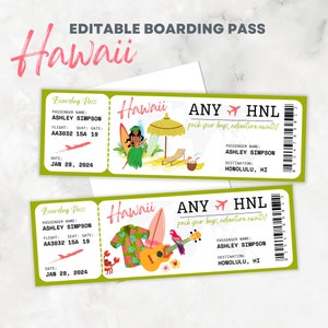 Bearbeitbare und druckbare Bordkarte Hawaii Surprise Trip Honolulu Destination Ticket Aloha - Canva Template