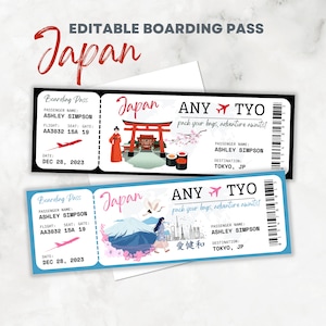 Editable and Printable Boarding Pass Japan Surprise Trip Tokyo Destination Ticket Asia - Canva Template