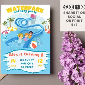 Waterpark Birthday Invitation Template | Aqua Park Invite | Printable and Customizable in Canva