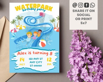 May include: A blue and yellow invitation for a waterpark birthday party. The invitation features a cartoon illustration of children going down a water slide. The text on the invitation reads "WATERPARK birthday party" and "Alex is turning 8". The date and time of the party are listed as "14 JULY 12 PM" and the address is "123 ANY ST ANY CITY ST-00000".