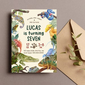 May include: A colourful invitation for a child's birthday party. The invitation features a jungle theme with illustrations of various reptiles and amphibians, including a chameleon, a snake, a frog, and a crocodile. The text on the invitation reads "Lucas is turning seven" and includes the date and time of the party.