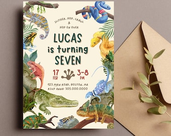 Reptile Birthday Invitation Template Lizard Snake Chameleon Kids Party Theme Invitation - Editable Printable Canva