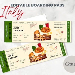 Bordkarte Italien, Überraschungsticket Rom, Urlaubsreise Europa - bearbeitbare druckbare Canva
