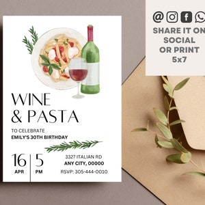 Pasta and Wine Birthday Party Invitation | Italian Dinner Housewarming Invite - Editable Printable Canva Template