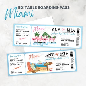 Cartão de embarque editável e imprimível Viagem surpresa em Miami Bilhete de destino na Flórida Orlando - modelo Canva