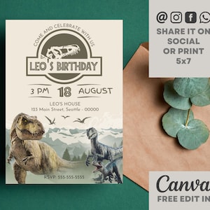 Jurassic World Birthday Invitation Template | Dinosaur Party Jurassic Park | Kids Birthday Theme Party Invitation - Editable Printable Canva