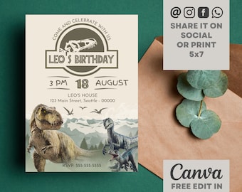 Jurassic World Birthday Invitation: Dinosaur Theme, Editable Canva Template