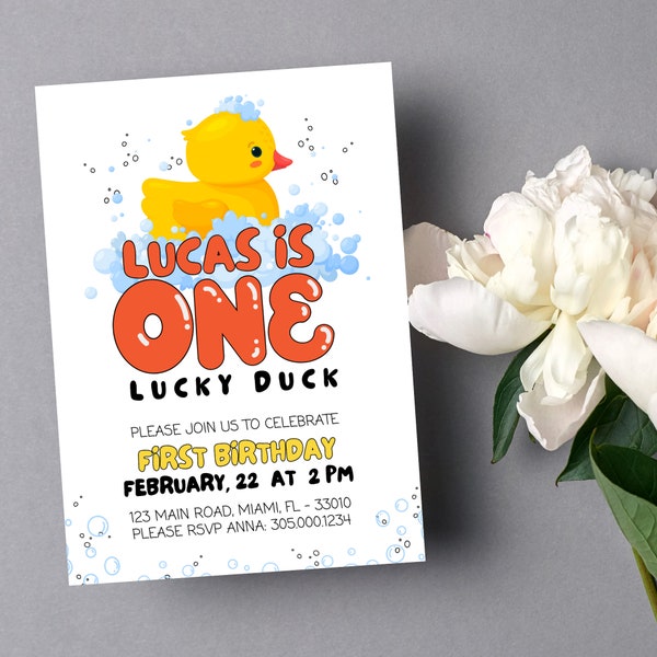 One Lucky Duck Birthday Invitation Rubber Duck Bubbly Bath Kids Theme Party - Editable and Printable Canva Template