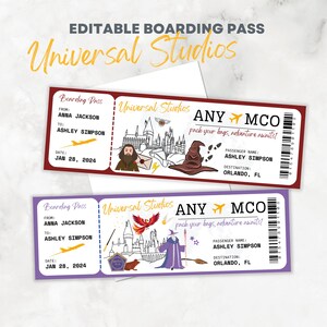 May include: Two printable boarding passes for Universal Studios. The top pass is red and features a Hogwarts castle illustration. The bottom pass is purple and features a phoenix illustration. Both passes have the text "ANY MCO" and "pack your bags, adventure awaits!" printed on them.
